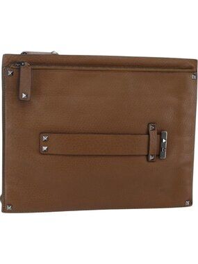 VALENTINO Clutch Bag Leather Brown Silver